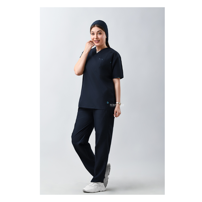 ست اسکراب یقه هفت تک جیب سرمه ای طب پوش کد 702