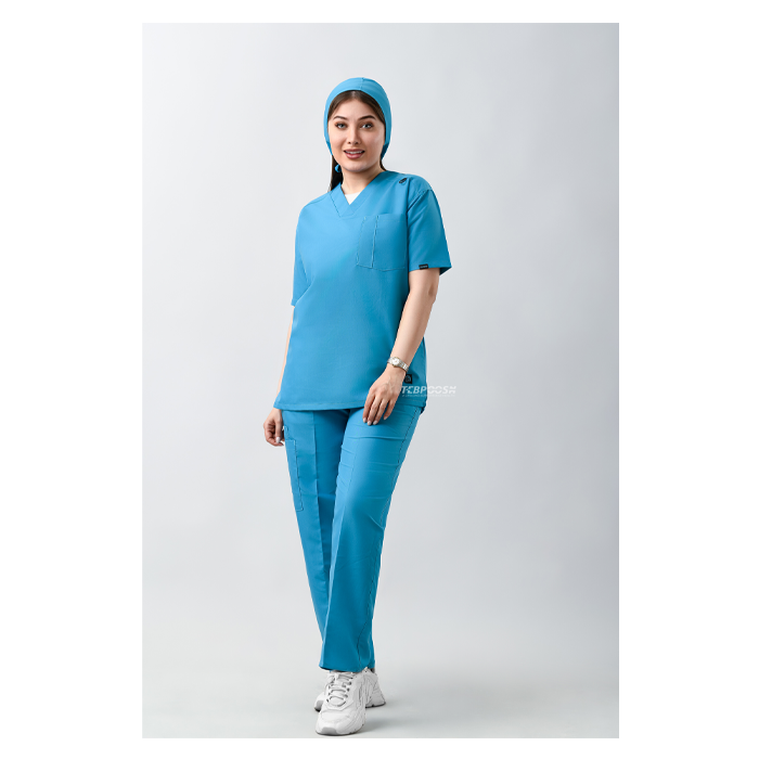 ست اسکراب یقه هفت تک جیب آبی فیروزه ای طب پوش کد 708