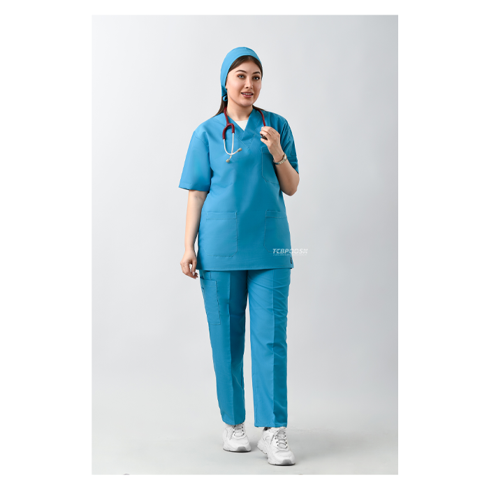 ست اسکراب یقه هفت بسته آبی فیروزه ای طب پوش کد 908